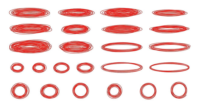 Distressed red scribble circles and ovals collection on white background with scribble distressed abstract artistic collection decoration emphasis highlight
