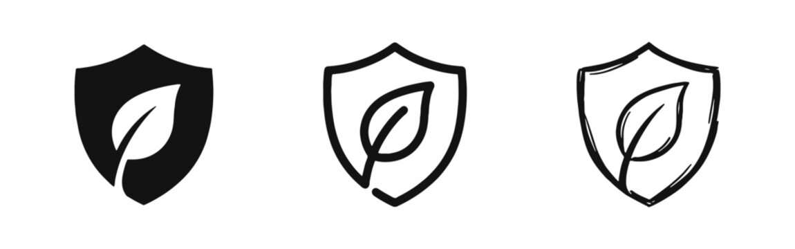 Eco Shield with Green Leaf Icon Set - Environmental Protection and Nature Security Concept