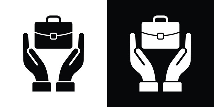 Business insurance and job security icon. Hands holding a briefcase, representing employment protection, corporate support, asset management, and financial care. Vector illustration.