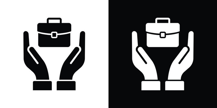Business insurance and job security icon. Hands holding a briefcase, representing employment protection, corporate support, asset management, and financial care. Vector illustration.