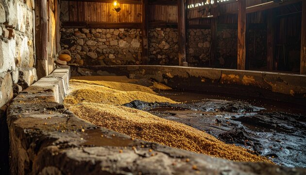 Traditional fermentation pit with sorghum grains in earthen distillery setting