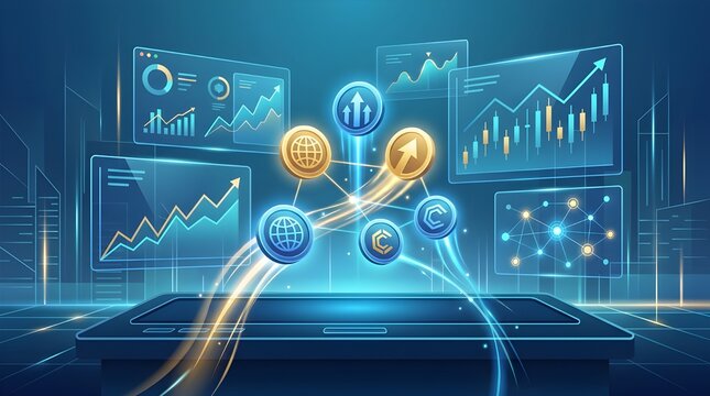 Modern fintech environment featuring glowing data analytic dashboards and virtual coin symbols connected by light streams in futuristic workspace depicting international crypto asset management.