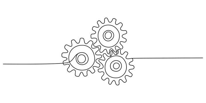 Three connected gears drawn in a single continuous line style