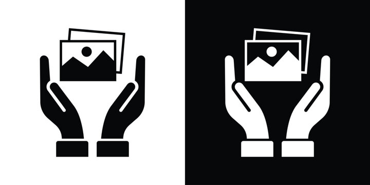 Digital asset protection and media copyright icon. Human hands holding a photography picture frame, symbolizing artwork preservation, portfolio backup, and creative rights care.