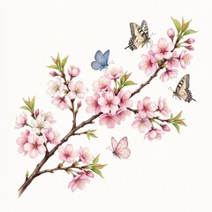 Fototapeta premium Pink cherry blossom branch with butterflies in natural spring setting