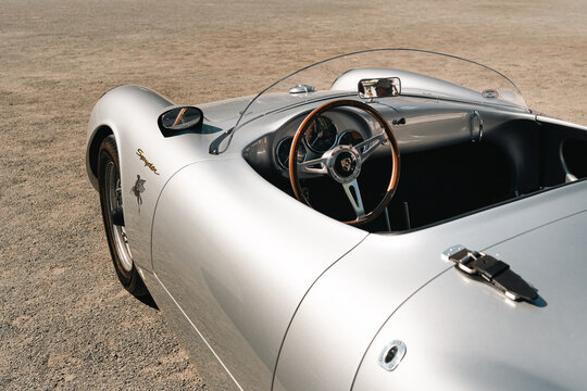 Berlin, Germany - May 2, 2026: Silver Porsche Spyder Interior Detail