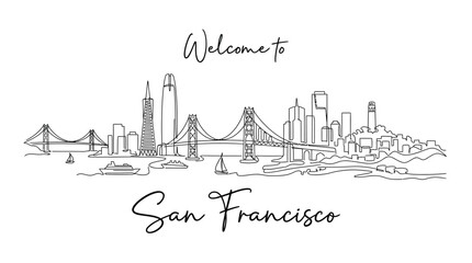 Naklejka premium San Francisco Skyline Illustration, Welcome Message, Line Art