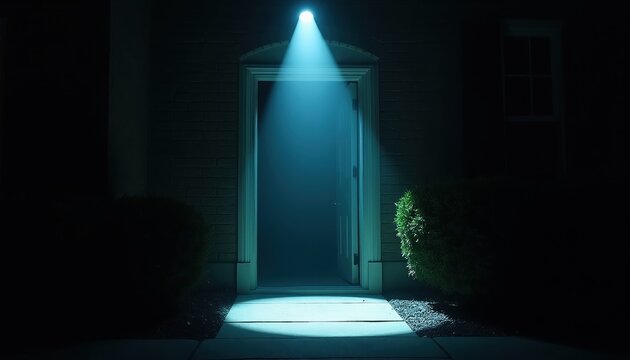 Open front door at night bathed in spotlight. Pathway lights the way to dark doorway, casting shadows. Neighboring bushes flank entrance with brick wall backdrop. Mystery lurks.