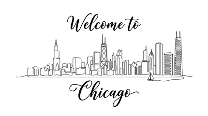 Fototapeta premium Chicago Skyline Line Art - Welcome Sign Monochrome