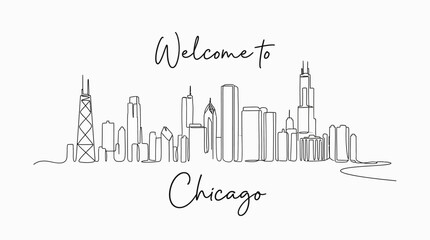 Fototapeta premium Chicago Skyline Line Art - Welcome Greeting, Minimalist Cityscape