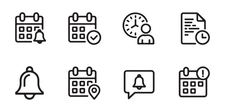 Outline planning icons collection featuring calendar with notification check mark person and map location pin.