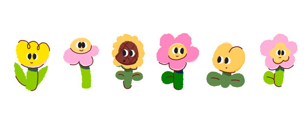 Obraz premium Cute flower characters doodle vector set. Collection of hand drawn kawaii floral cartoons isolated on white background.
