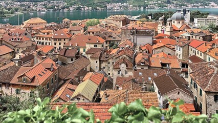 Kotor town rooftops and Bay of Kotor with mountain slopes in springtime © tilialucida