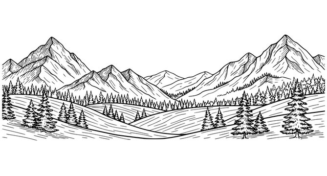 Modern hand drawn nature landscape with mountains forest and travel scenery vector illustration