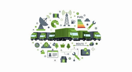 Fototapeta premium Sustainable Logistics and Smart Fleet Management Concept: Fleet of Green Cargo Trucks with Eco-Friendly Shipping, Telematics, and Route Optimization Icons