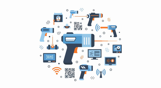 Smart Logistics and Industrial Scanning Technology Flat Vector Illustration with Handheld Sensors, Barcode Scanners, and Infrared Thermometers