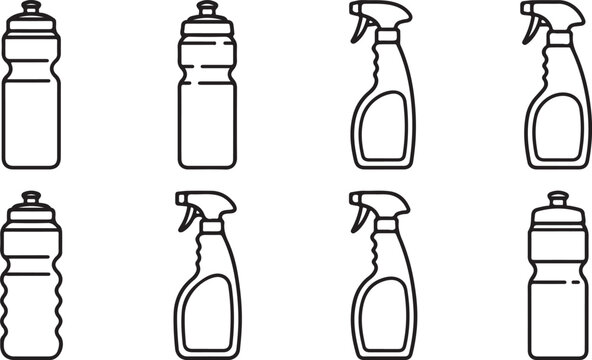Collection of eight simple black vector water bottle and flask icons isolated Vector