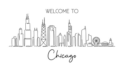 Fototapeta premium Chicago city skyline, continuous line drawing, welcome to Chicago text