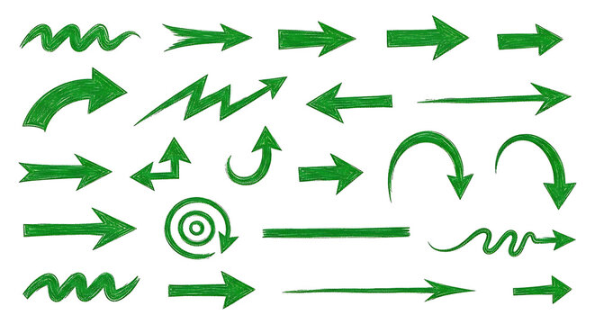 Group of diverse green hand-drawn arrow icons pointing in various directions conveying movement direction navigation with direction movement navigation previous backward collection illustration