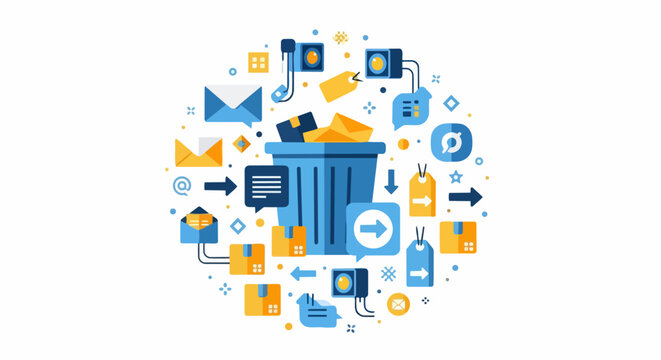 Digital Data Management and Email Cleanup Concept Illustration with Trash Bin and Communication Icons