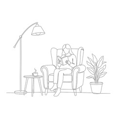 Fototapeta premium Woman reading book in armchair with plant and lamp, line art