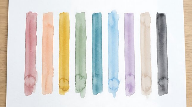 Varied watercolor color swatches, hand-painted on paper, showcasing realistic paint textures and a diverse artistic palette for creative design projects