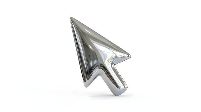 Shiny metallic cursor icon, silver arrow pointer, 3D rendered, chrome button