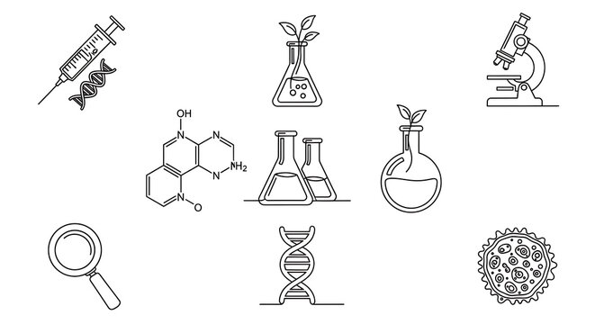 Science and technology icons: DNA microscope syringe flasks with magnifying glass technology microscope chemistry research medicine laboratory molecule experiment innovation discovery