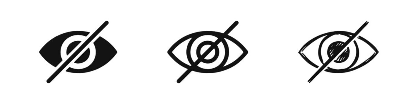Privacy Hide Eye Icon Set with Crossed Out Vision in Solid, Outline, and Hand-Drawn Doodle Styles