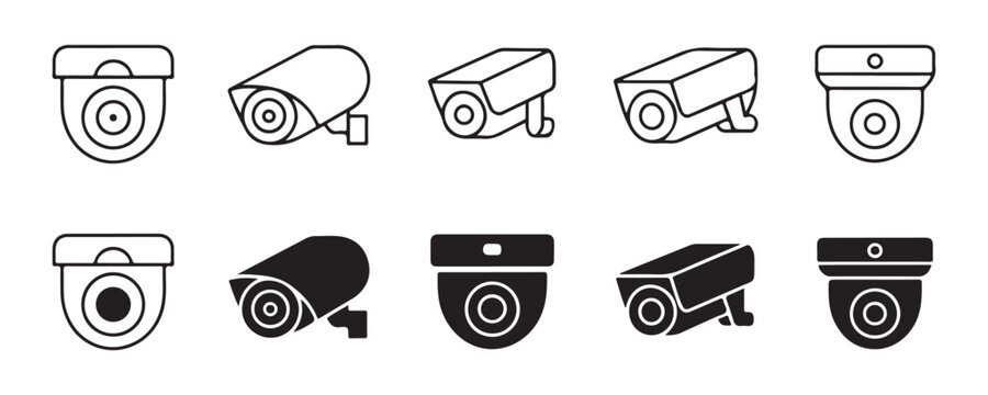 Surveillance security camera icons set isolated on transparent background for video monitoring system safety.