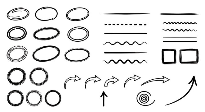 Group of hand-drawn graphic elements including ovals lines arrows with illustration pointers direction communication collection abstract decoration creative