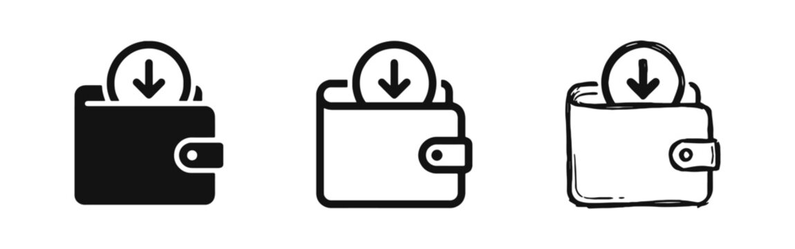 Digital Wallet Deposit Icon Set with Coin and Arrow in Solid, Outline, and Hand-Drawn Doodle Styles