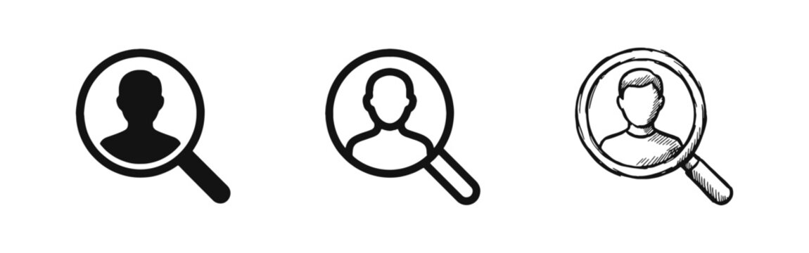 Human Resources Search Icon Set with Magnifying Glass and Person in Solid, Outline, and Doodle Styles