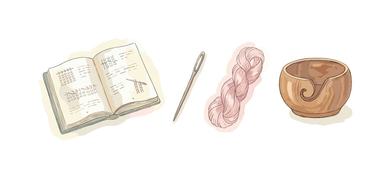 Knitting pattern book, a darning needle, skein of silk, and a wooden yarn bowl arranged in a horizontal line, soft naive