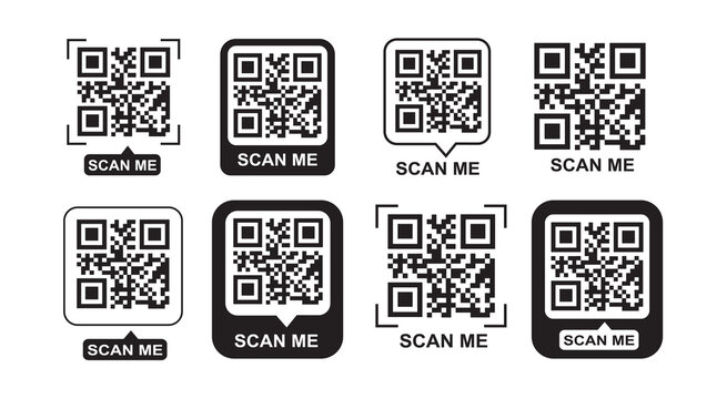 QR code icons vector set. Scan me fake QR code template design for mobile app, payment, discounts and smartphone quick response code illustration