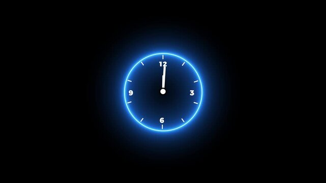 Glowing blue neon clock face icon on black background