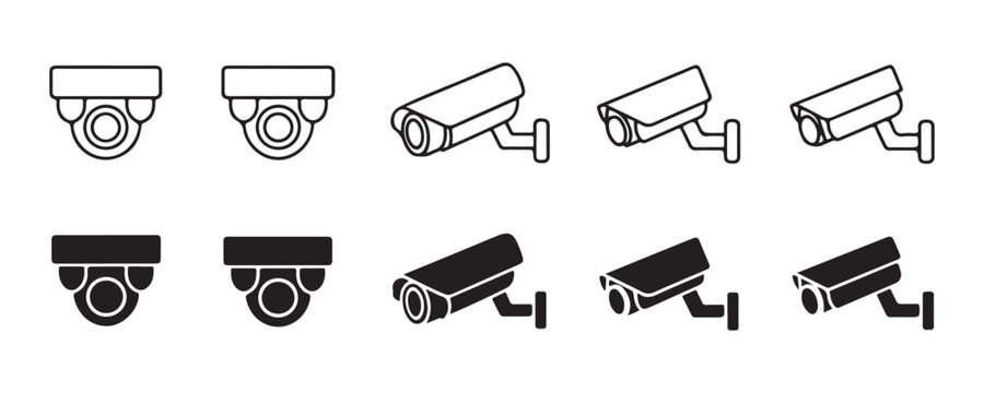 Professional security camera icons featuring dome and wall mounted designs in both outline and solid versions.