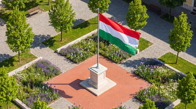 The Hungarian flag is flying on a flagpole on the square in the city park, a patriotic symbol. Landscaping, landscape design