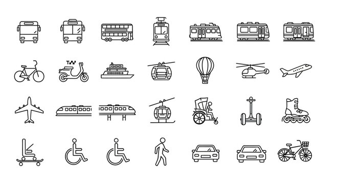Diverse Transportation Icons: A Collection of Modern and Traditional Vehicles
