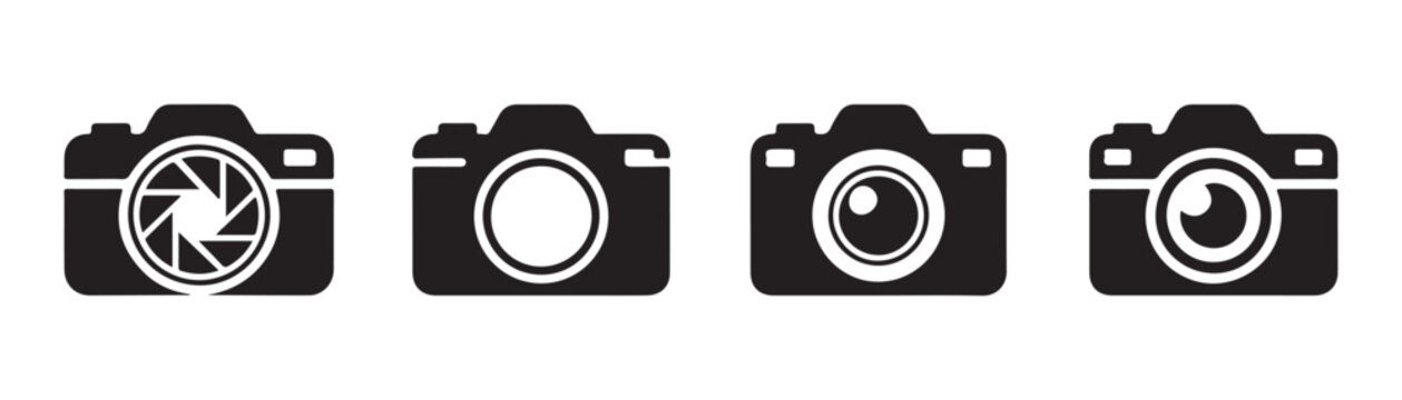 Set of four black and white photography camera icons, showcasing different lens and aperture styles.