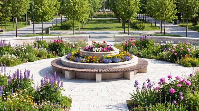 Cascading round flower bed with a bench on the square in the park, urban landscaping, landscape design