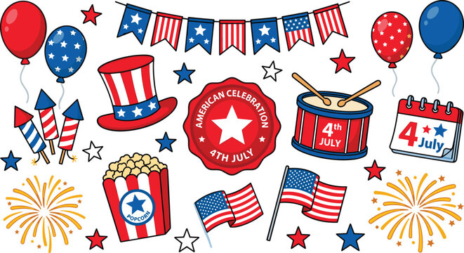 4th of July USA Independence Day Vector Element Set with Patriotic Balloons Uncle Sam Hat Flags Fireworks Calendar Drum and Popcorn Clipart