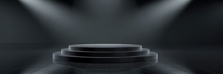 Obraz premium Modern dark three tiered display podium illuminated by dramatic spotlights for product presentation
