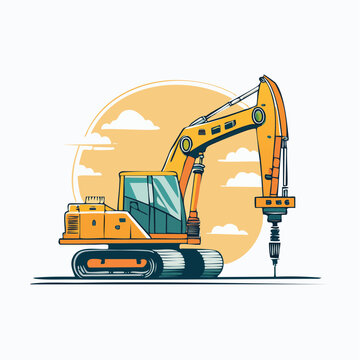 Yellow Excavator with Drill Attachment Illustration