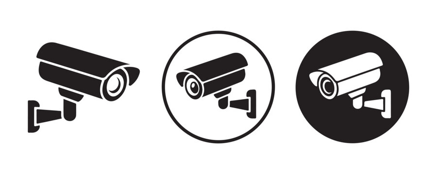 Black outdoor security camera vector icons isolated on grid background representing monitoring equipment.