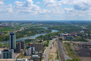 Obraz premium Bow River and St George's Island aerial view from Calgary Tower observation deck, Calgary, Alberta AB, Canada. 