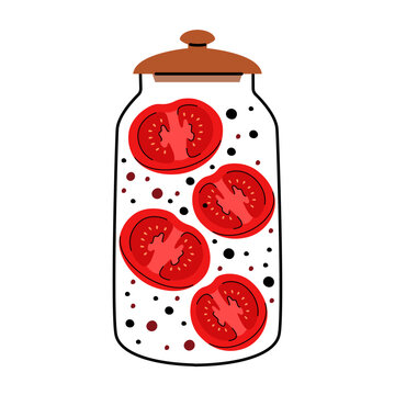 Home made preservation glass jars with tomatoes. Glass jar with preserved pickled vegetables