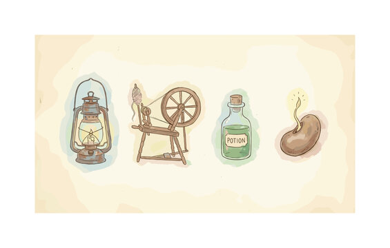 Old lantern, a spinning wheel, glass potion bottle, and a magic bean arranged in a horizontal line, soft naive watercolor