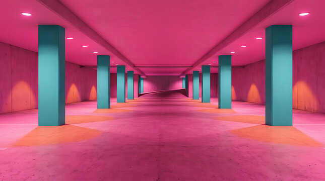 Minimalist concrete space with neon colored highlights and reflections