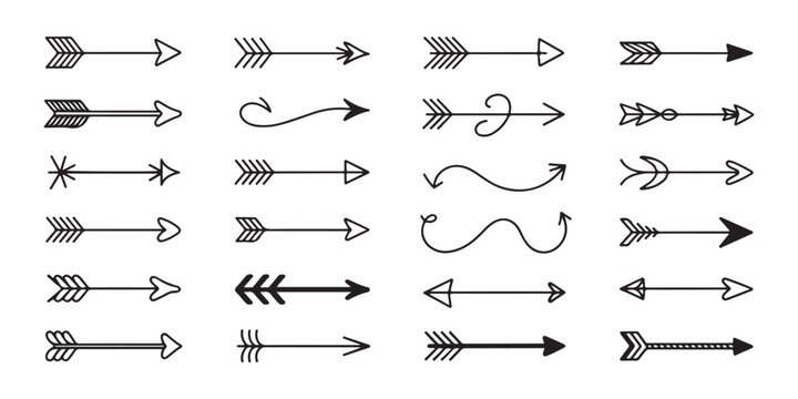 Set of tribal style arrow vectors with feather tails and pointed heads for rustic and bohemian design projects.